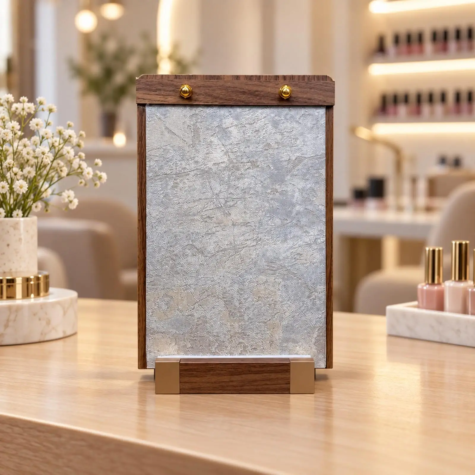Compact Nail Sample Display Board with Walnut Frame for Nail Art Studio Decor