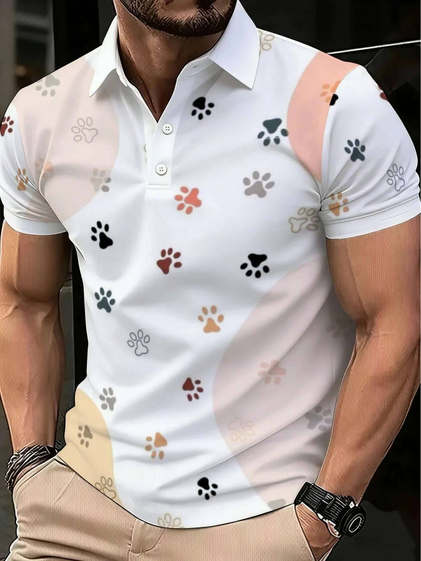New men's short-sleeve polo shirt T-shirt, loose-fitting and tailored with printed patterns, versatile basic crew-neck top suita