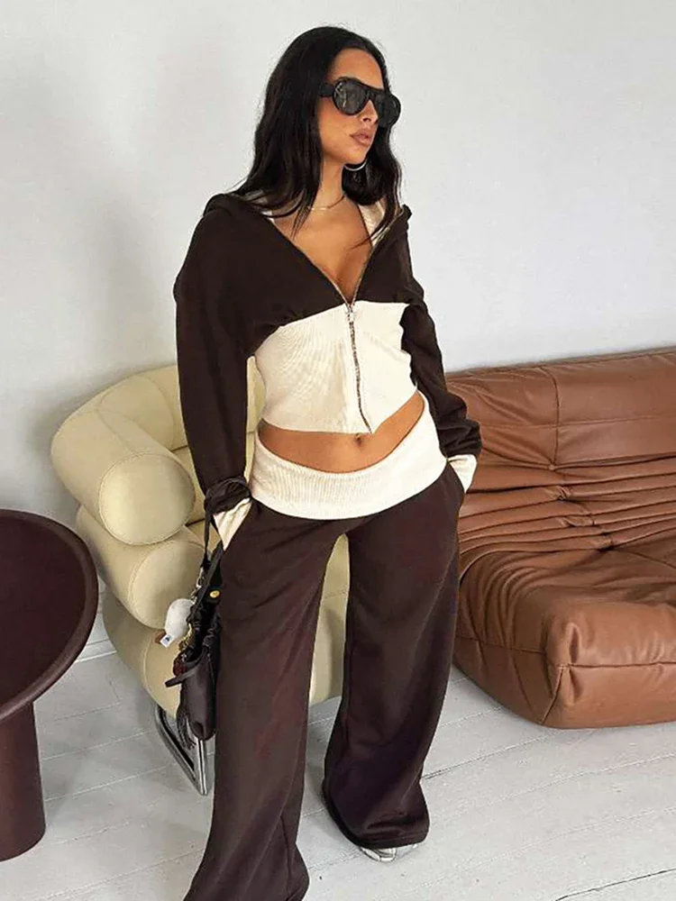 

Leosoxs спортивный лоскутный комплект из 2 предметов, женский спортивный костюм на молнии, лоскутная куртка с капюшоном + прямые брюки, одинаковая повседневная уличная одежда