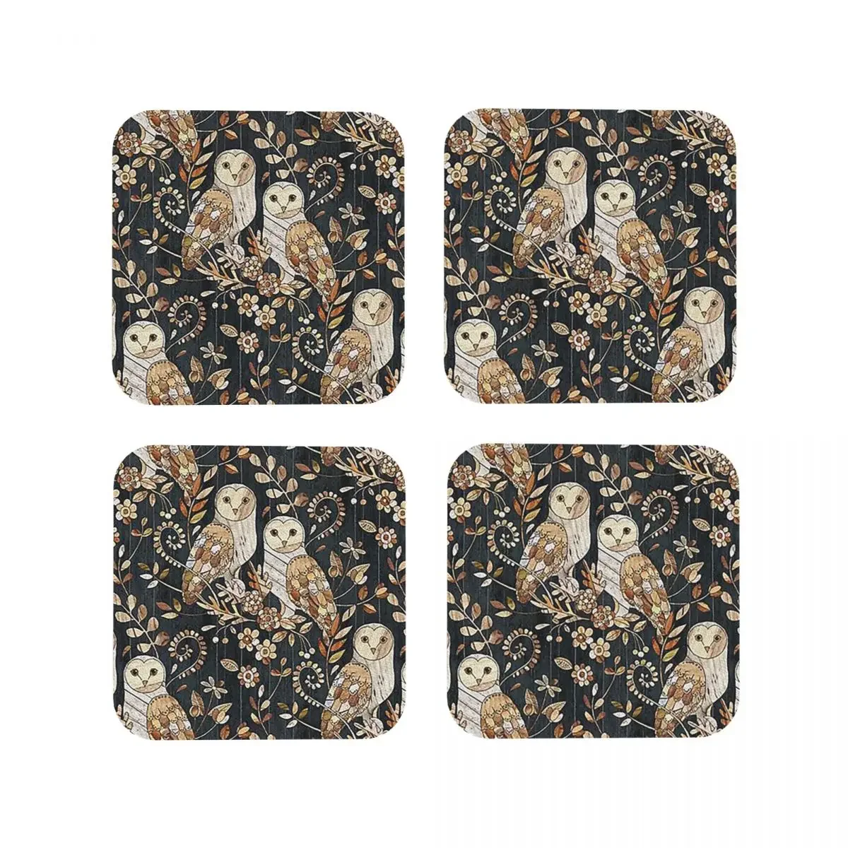 Wooden Wonderland Barn Owl Collag Coasters Kitchen Placemats Non-slip Cup Coffee Mats For Decor Home Tableware Pads Set of 4