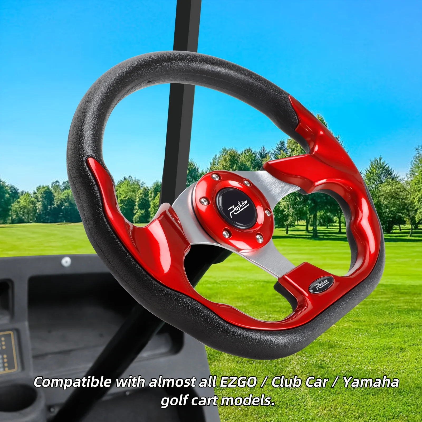 

Roykaw 12.5"Golf Cart Universal Steering Wheel for EZGO TXT RXV, Club Car DS Precedent Tempo And Yamaha G29, Multi-functional Design for Most Carts, Lightweight And Stylish, Sleek Black Rugged Construction"