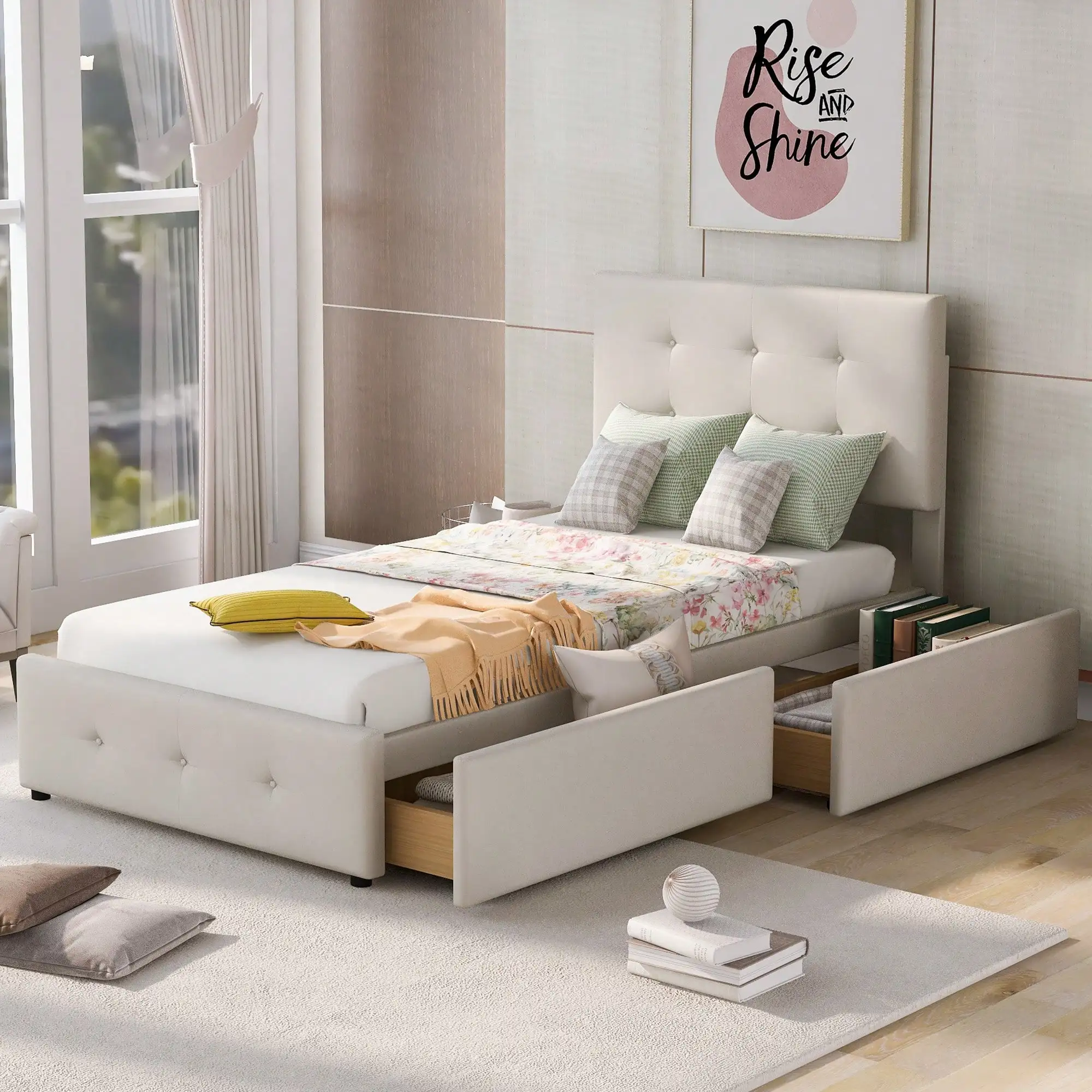 KOMHTOM Polsterbett, 90 x 200 cm Bett mit Lattenrost, Rückenlehne und zwei Schubladen, flaches Einzelbett, Jugendbett, Gästebett