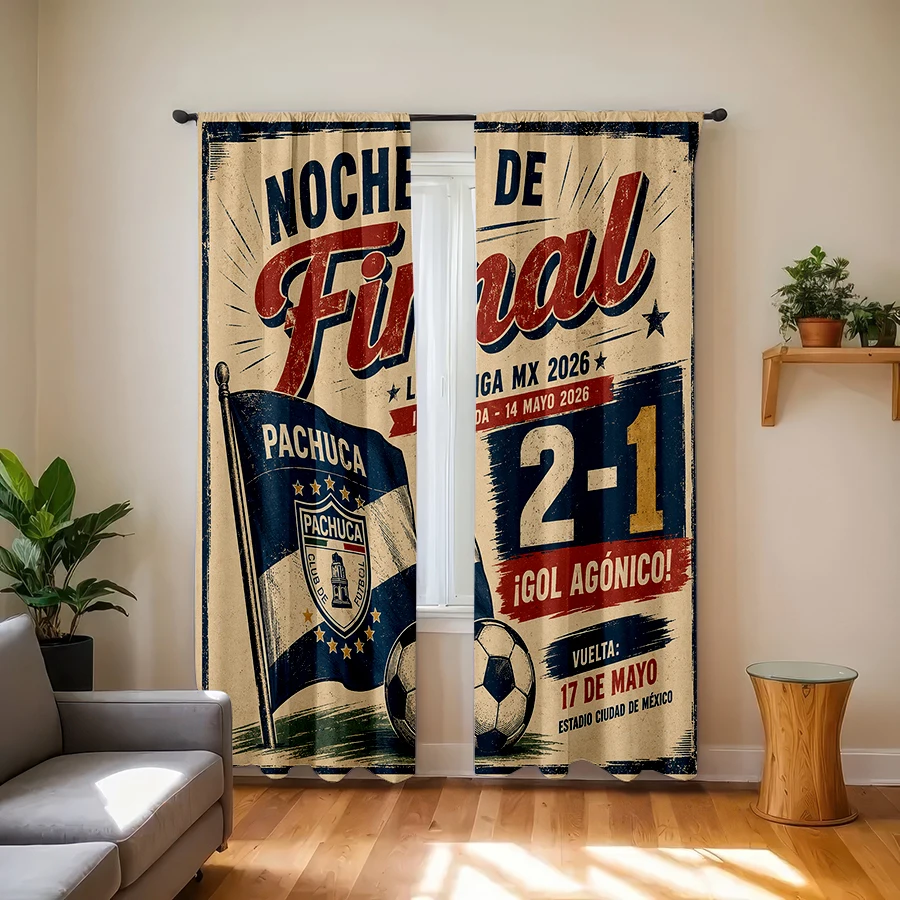 2PCS Curtains, Vintage Distressed Mexican Pachuca Football Club 2026 Liga MX Final Night Retro Match Poster Print With Soccer Ba