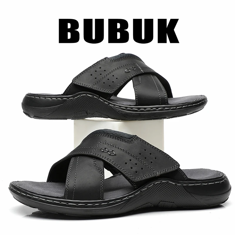 Bubuk Men's Fashion Slippers with First Layer Cowhide, Adjustable Velcro Casual Slippers, Soft Sole Non-Slip Outdoor Slide Slippers