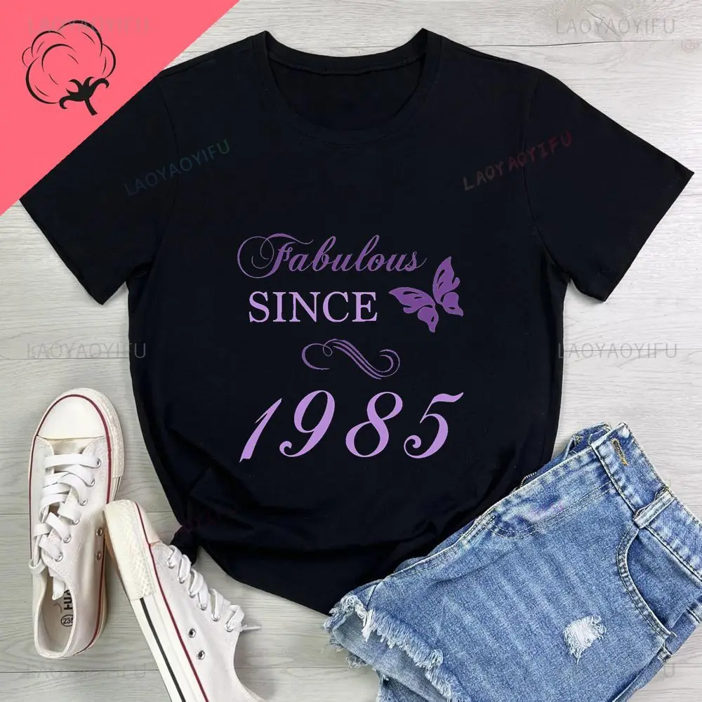 تي شيرت محظوظ لمدة 40 عامًا - تي شيرت قطني منقوش بأكمام قصيرة على الموضة لصيف 1985 #5