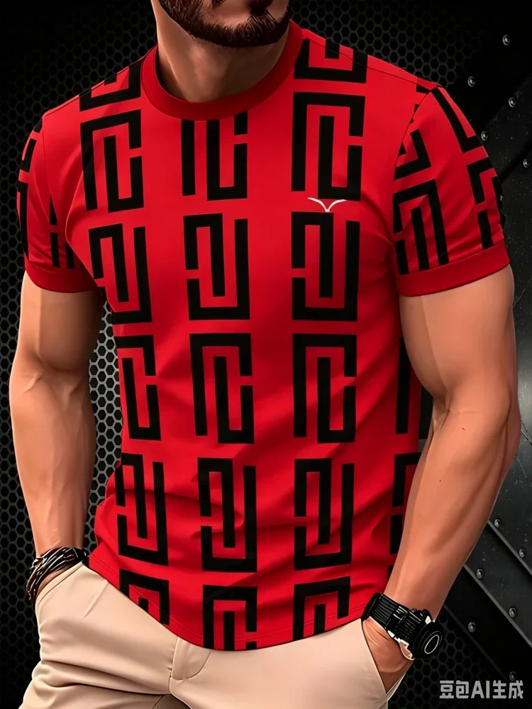 New Men Luxury Geometric Greek Key Allover Print T-Shirt Modern Minimal Streetwear Crew Neck Short Sleeve Fashion Casual Tops