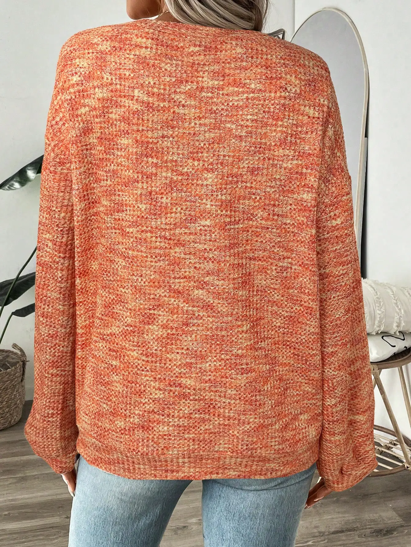 LUNE Women's Loose Drop Shoulder Textured Orange Long Sleeve Sweatshirt, Autumn Casual Knit Top