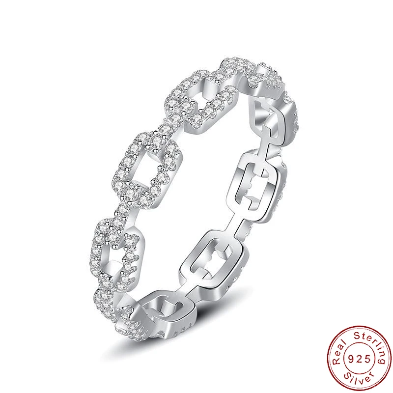 

Women Solid European Clear CZ Chain Connection 925 Sterling Silver Ring For Women Birthday Party Wedding Gift Jewelry