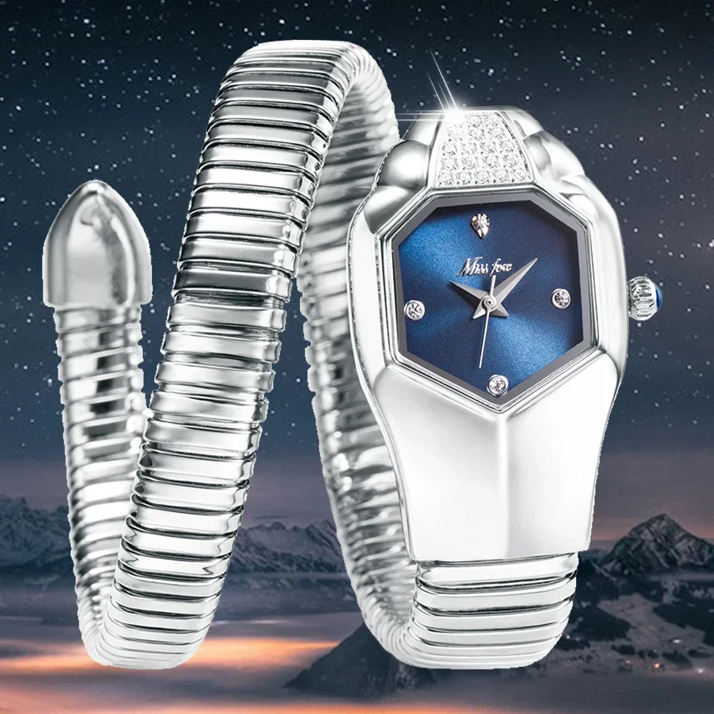 

Fashion Watch for Women Silver Stainless Steel Bangle Ladies Watches Snake Shape Diamond Quartz Wristwatches Reloj Para Mujer