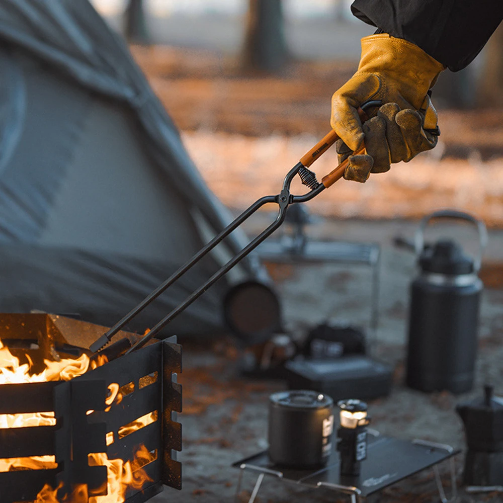 Carbon Steel Charcoal Tongs Camping Bonfire BBQ Firewood Clip Tool Stoves Fire Charcoal Tongs Leather Handle Firewood Clamp