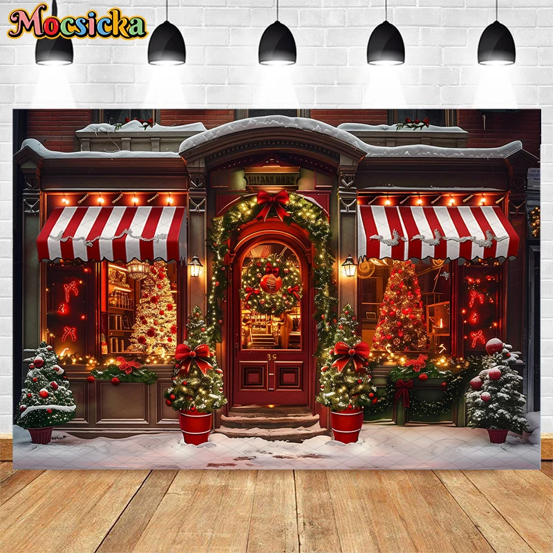 Mocsicka Christmas Store Front Backdrops Kids Adult Photography Child Adult Photocall Xmas Trees Snowy Street Backgrounds