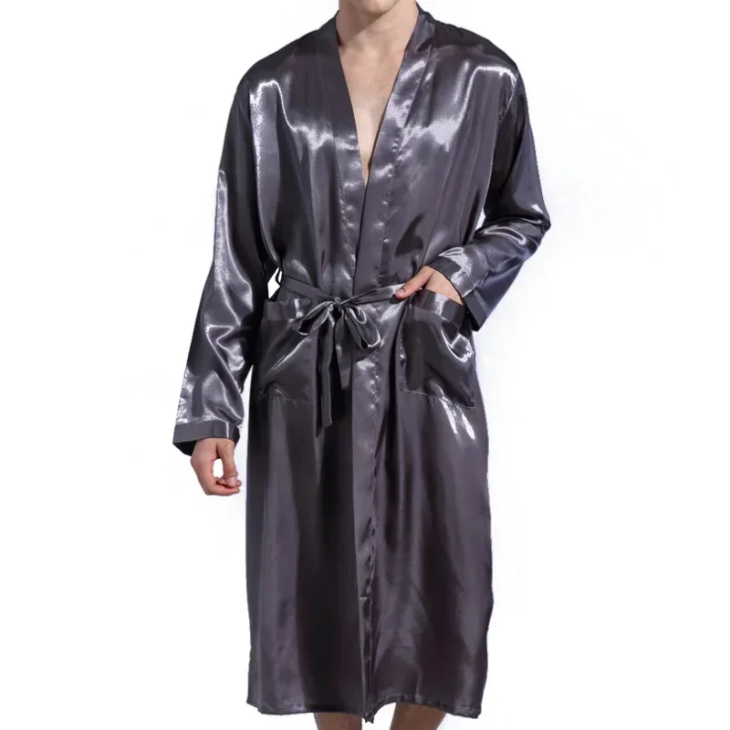 

Men Solid Color Silk Satin Robes Pajamas Long Sleeve Silk Sleepwear Kimono Male Bathrobe Leisure Loungewear Dressing Nightgown