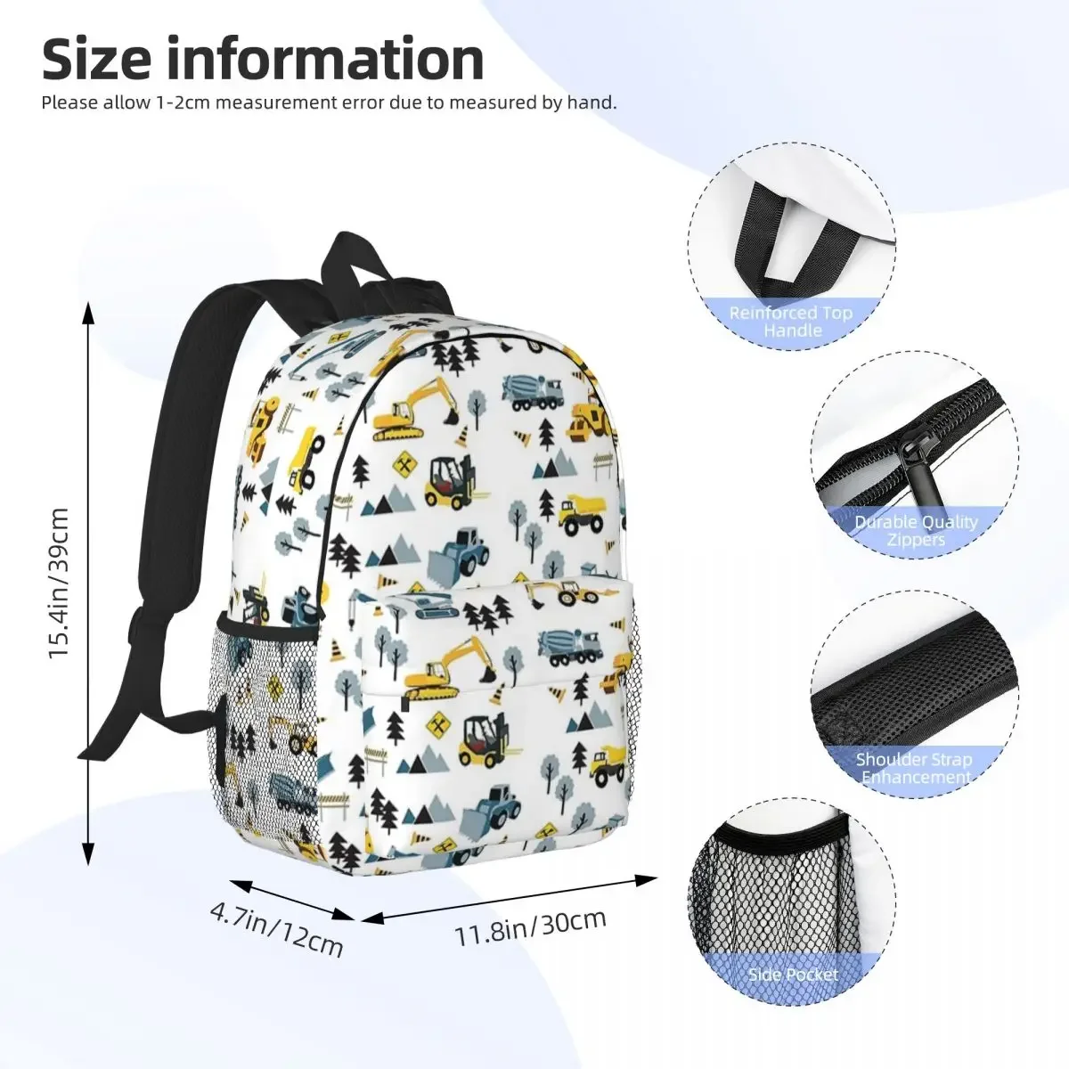 Mochilas con patrón de tema de camiones de construcción azules para niños y niñas, mochilas escolares para niños, mochila para computadora portátil, bolsa de hombro