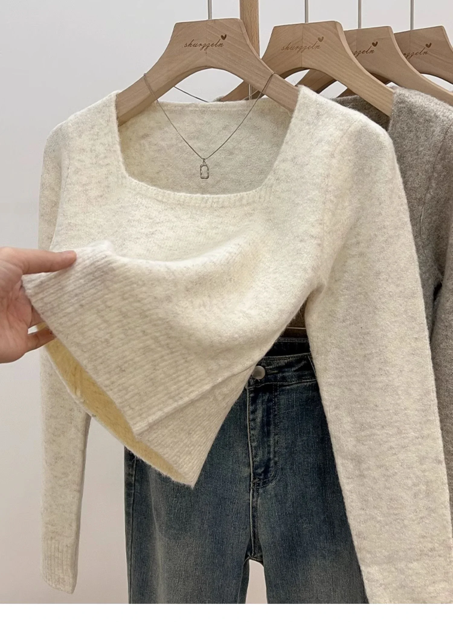 Вязаный свитер с квадратным воротником, женские топы, осень-зима 2022, корейские однотонные модные повседневные длинные пуловеры све, женская одежда