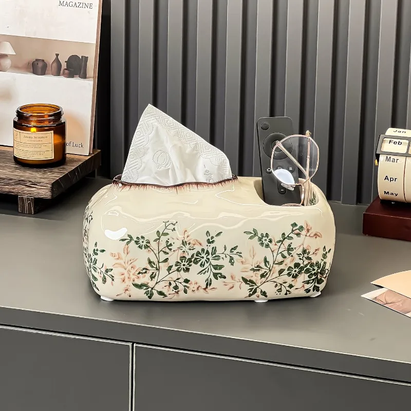 For Multifunctional Remote Control Light Luxury Ceramic Tissue Box, Living Room Household Pumping Carton, Storage Box