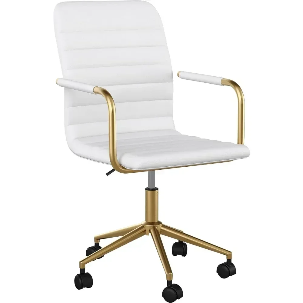 Chaise de bureau en similicuir blanc avec accoudoirs expresse, cadre en laiton poli, adaptée au bureau à domicile