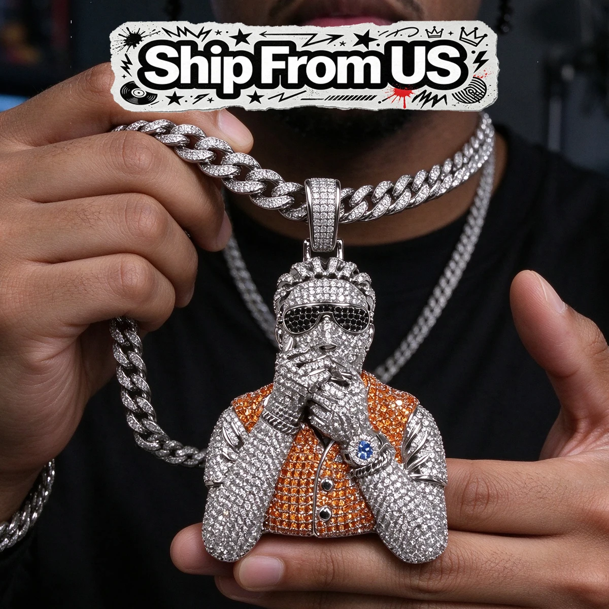 3D Hip Hop Necklace Charm Figure Sunglasses Vest Wristwatch Design Bling Ornament For Men Streetwear Statement Rap Fans Birthday Party Club Wear Matching Cuban Link Chain Iced Out Rapper Character Pendant Full Paved 18K Gold Plated Jewelry Perfect Gift