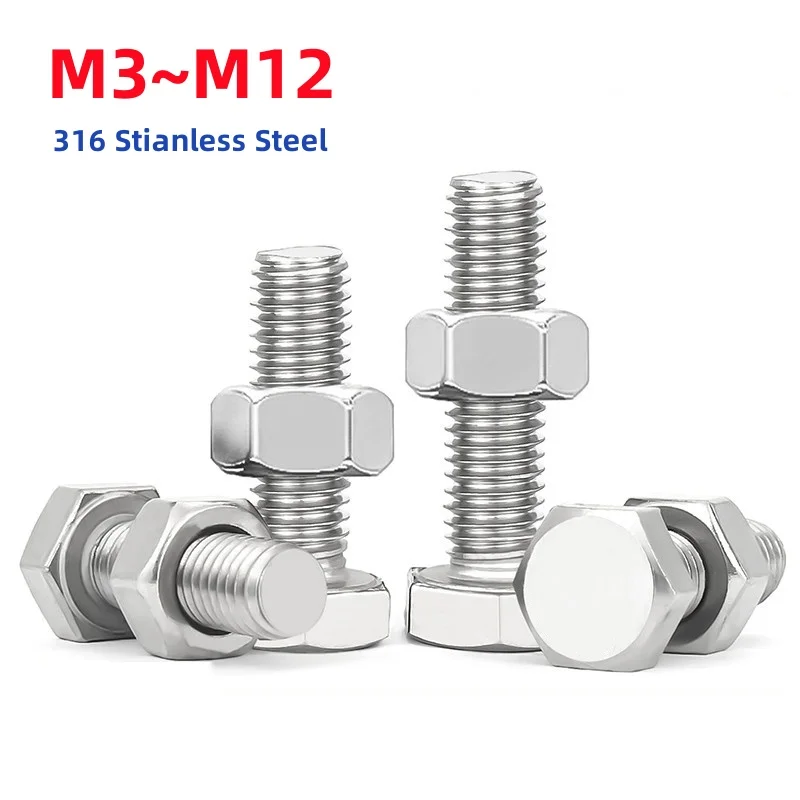 M3 M4 M5 M6 M8 M10 M12 316 Stianless Steel Full Thread External Hexagon Screws Nuts Outside Hex Bolts Combination Set