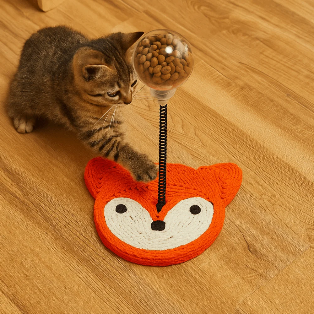 

Cartoon Cat Treat Ball with Scratcher Sisal Base Clear Ball Cat Treat Dispenser Toy Non-slip Spring Stand
