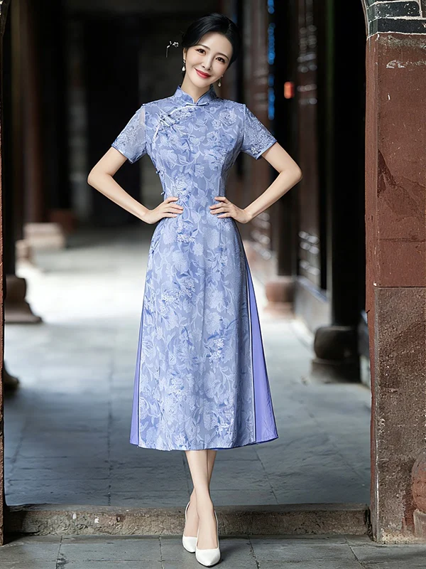 

Improved Short Sleeve Fashionable Modern Chinese Style Daily Wear Long Dress Breathable Floral Print Retro Style