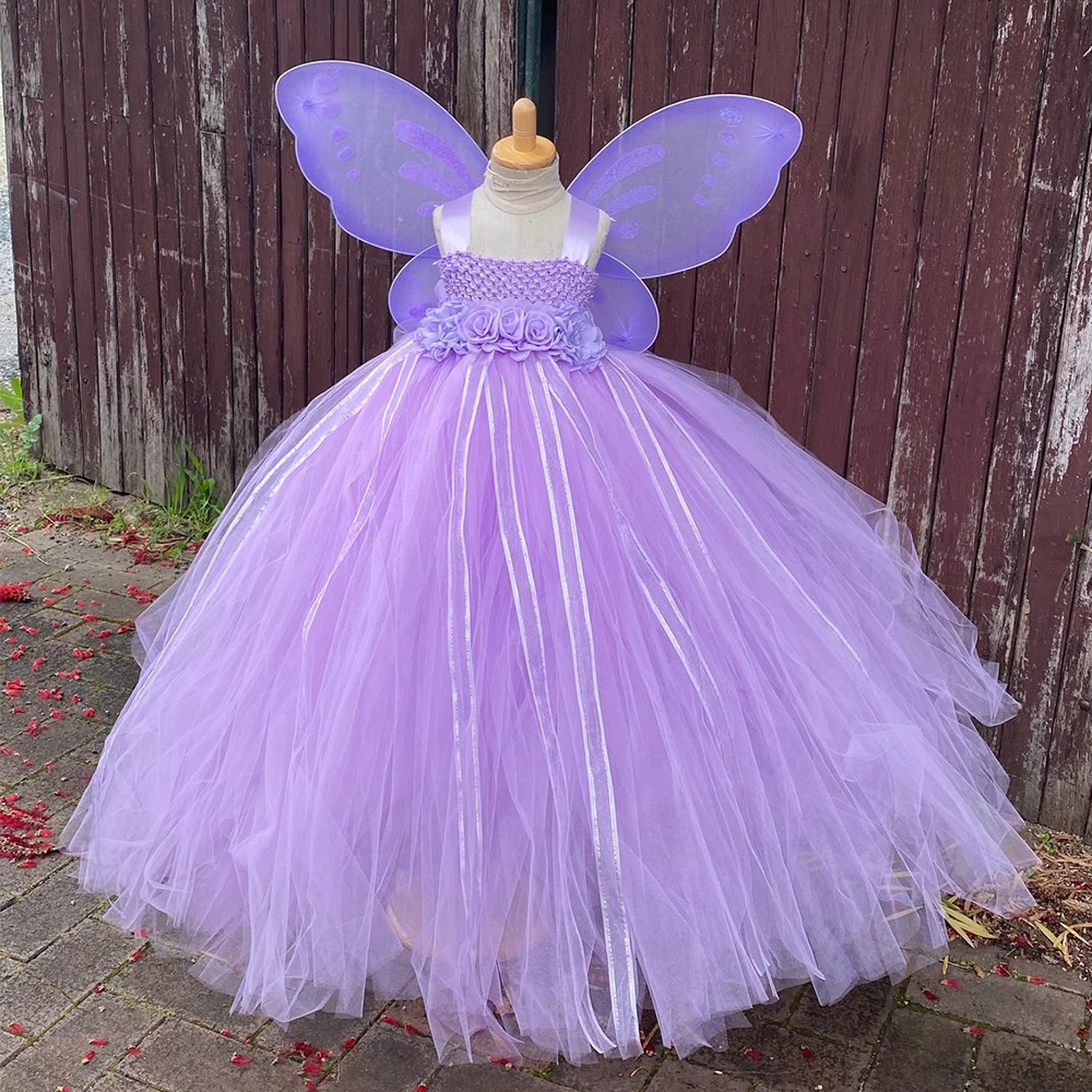 Girls Lavender Butterfly Flower Tutu Dress Kids Fairy Princess Dresses Long Ball Gown with Wing Children Birthday Party Costume