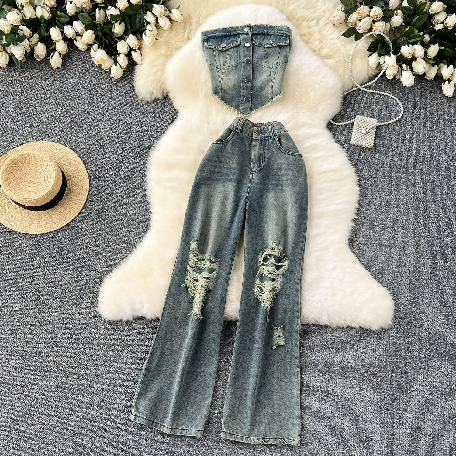 

American Spice Girl Denim Two-piece Set. Women's New Summer Sexy Breasted Strapless Short Top+Ripped High-waisted Wide-leg Pants