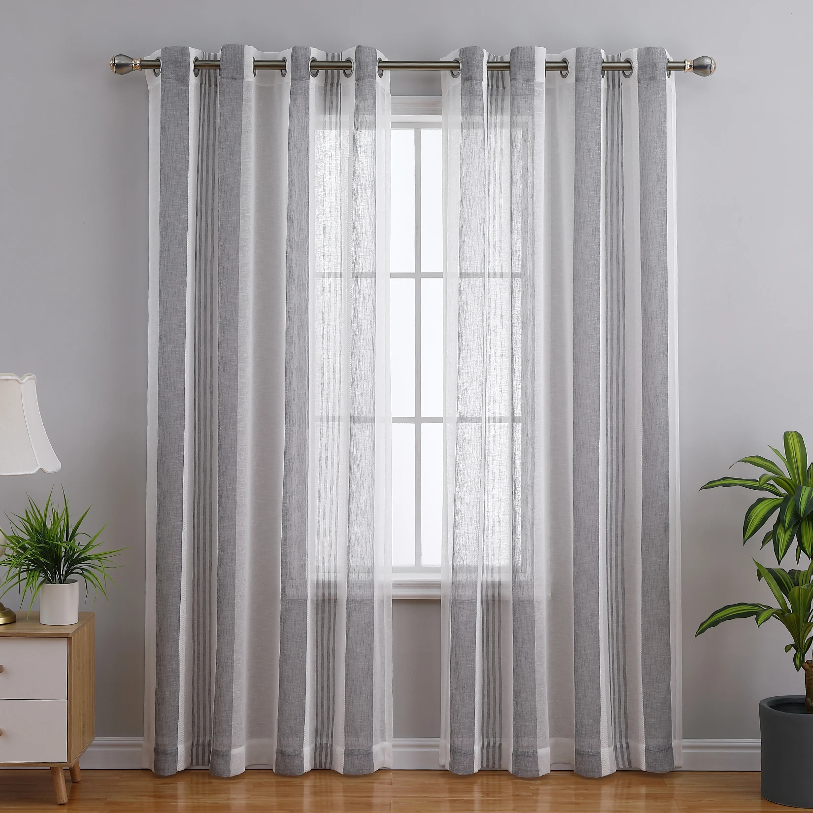 

Sheer Curtains 63 Inches Long for Living Room Bedroom, Bathroom Curtain Window Grommet Voile Drapes, Stripe Faux Linen 2 Panels