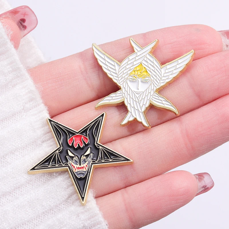 Cartoon Angel Wings Enamel Pin Black Pentagram Mysterious Devilman Evil Smile Brooches Lapel Collar Badge DIY Jewelry Fans Gift