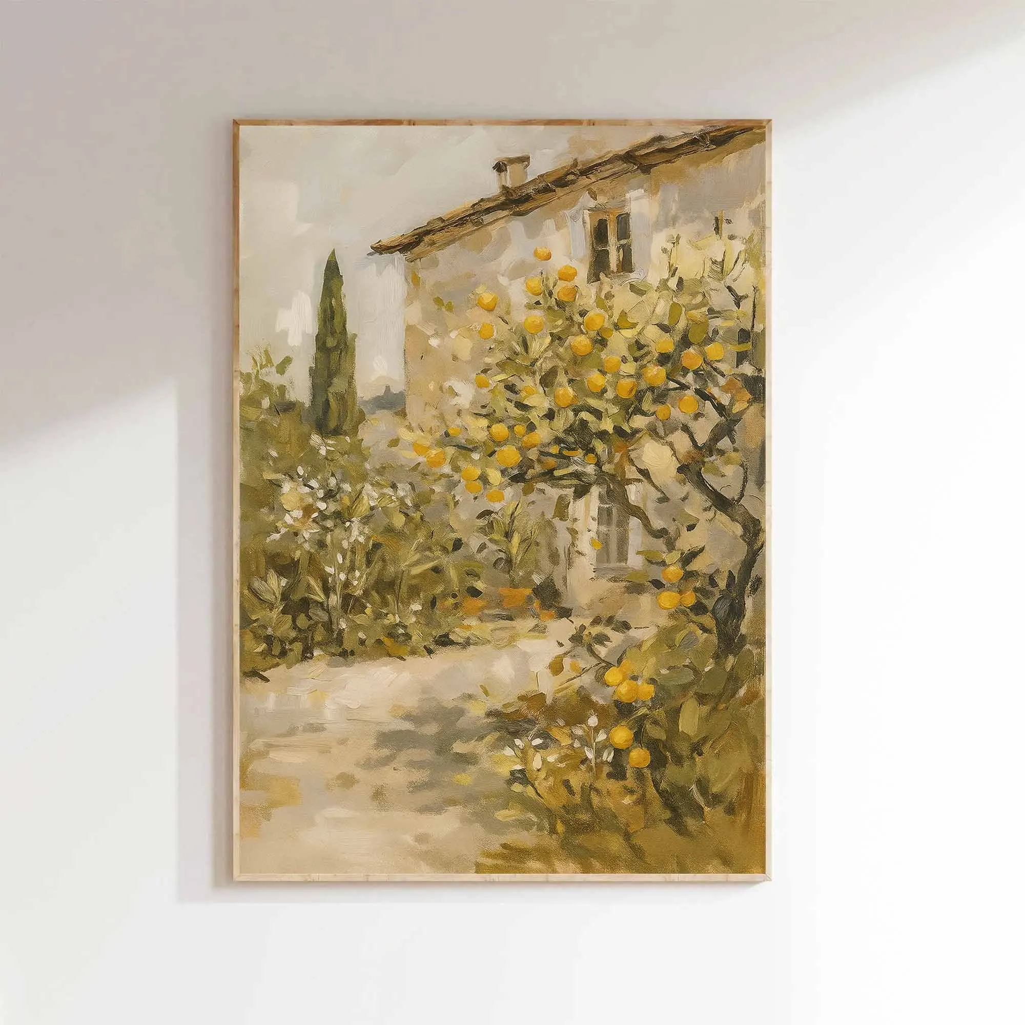 Frameless Canvas Poster. Painting of Italian Tuscan Country House with Cypress Tree and Orange Trees in the Garden. Wall Art Can