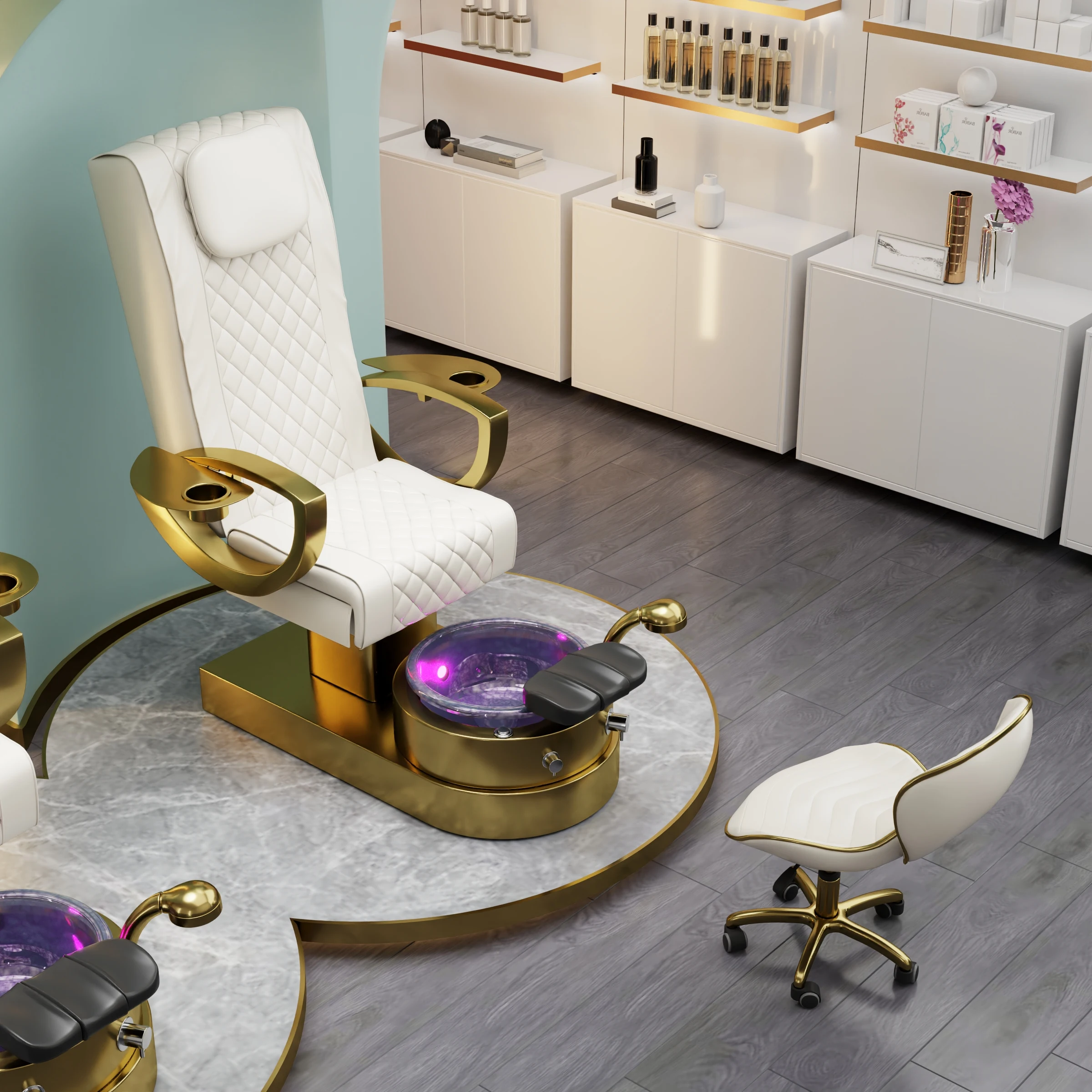 Factory Price professional Luxury beauty salon equipment foot spa white manicure chair gold base pedicure chair for nail salon