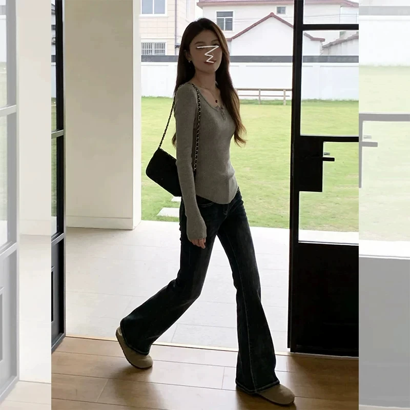 High Waist Loose Fit Slimming Blue Grey American Style Bell Bottom Jeans Women's Autumn New Arrival Not Tight on Legs