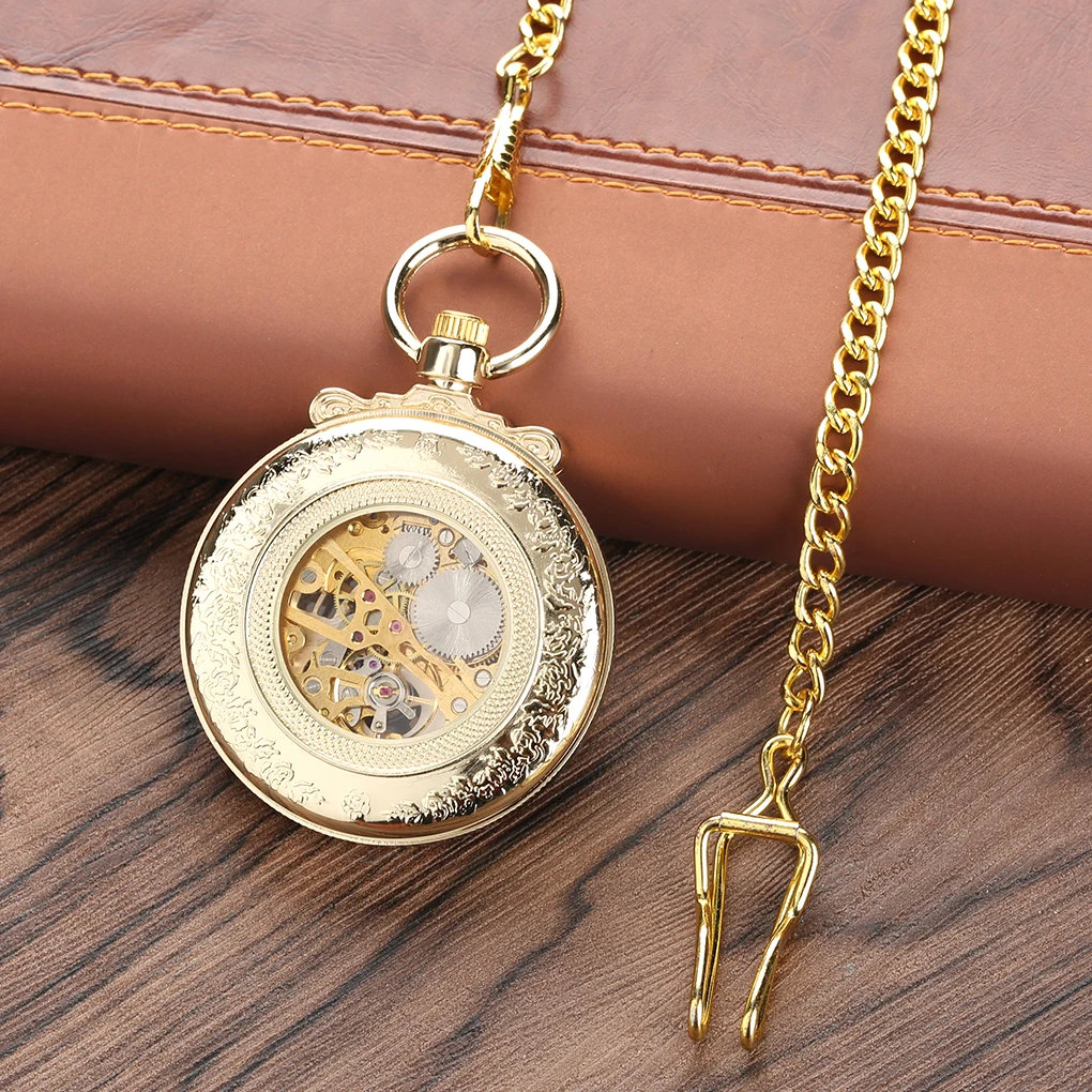 Reloj de bolsillo de cuerda manual mecánica de oro de lujo para hombres, esfera de números romanos, reloj de bolsillo colgante exquisito con cadena de bolsillo