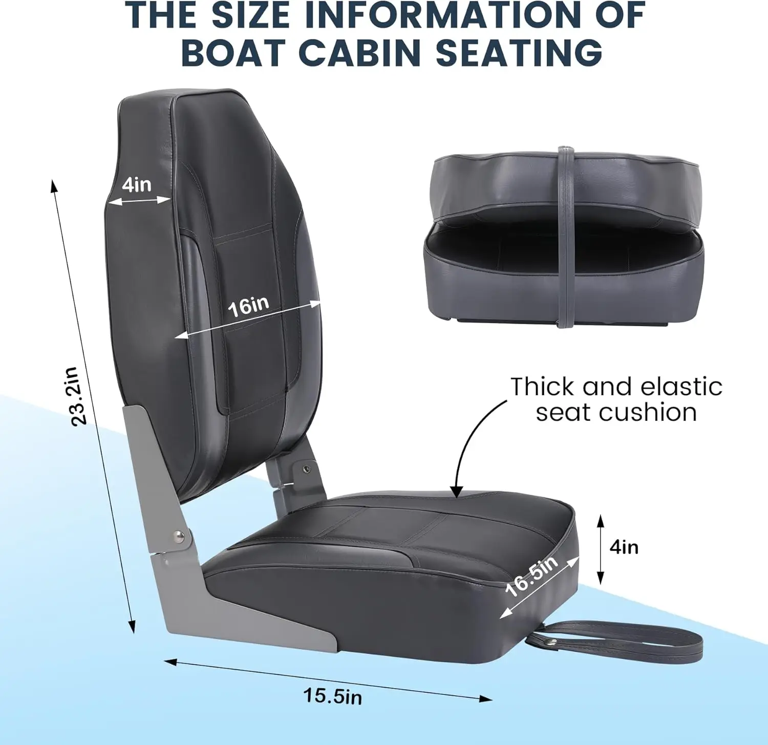 2 Pack Folding Boat Seats, High Back Fishing Boat Seat, Comfortable Boat Chairs with Thick Sponge Padding and Hinge for Sightseeing Boat, Speedboat - view 3