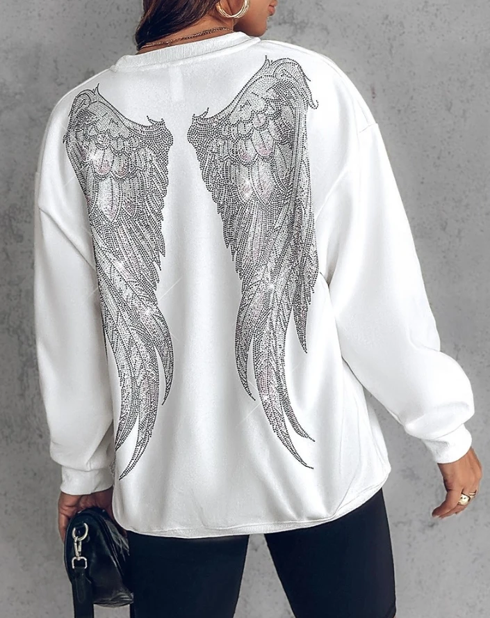 Women's Hoodie 2024 Autumn Latest Round Neck Rhinestone Letter Wings Pattern Crewneck Sweatshirt Long Sleeve Rhinestone Pullover