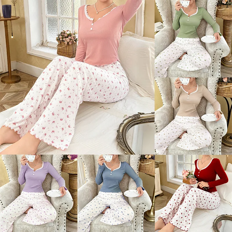 2025, neues Nachthemd-Set mit Spitzenbesatz für Damen, Rundhalsausschnitt, Krone, bedruckt, langärmelig, lange Hosen, Damen-Hauskleidung