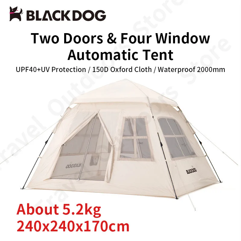 Naturehike-BLACKDOG Outdoor Automatic Tent 5.2kg Fast Build 2 Doors 4 Windows 150D Oxford Cloth Portable 3-4 Persons Tent