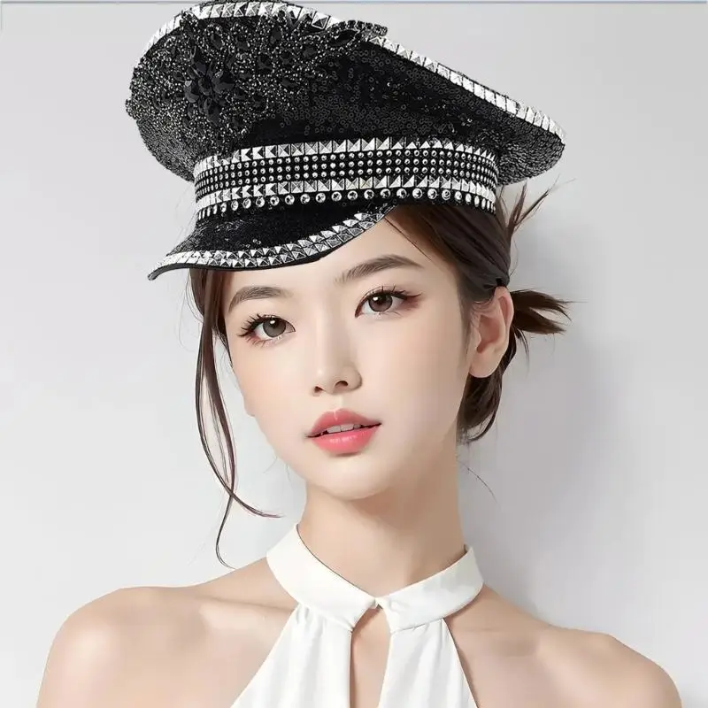 31BF Fedora Hat Glittering Flat Top Hat Female Bridal Shower Carnival Hat