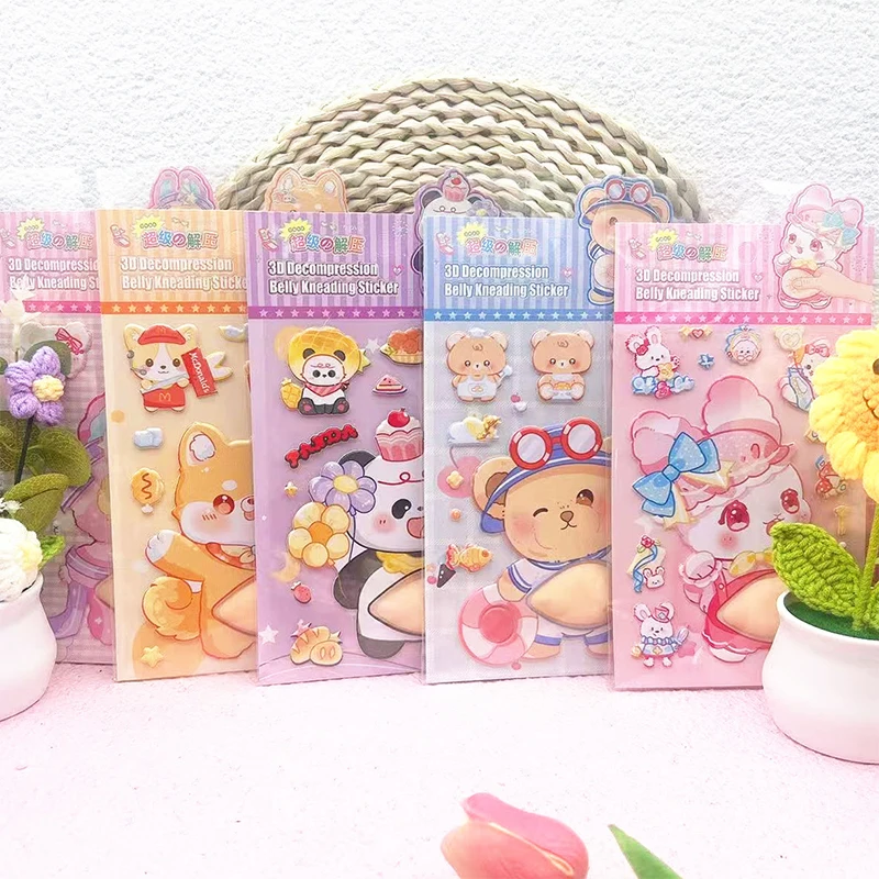 4 عبوات من ملصقات إسفنجية ناعمة على شكل حيوانات - لمس البطن ثلاثي الأبعاد على شكل باندا وأرنب، مجلة ممتعة لتخفيف التوتر، مادة إسفنجية إبداعية