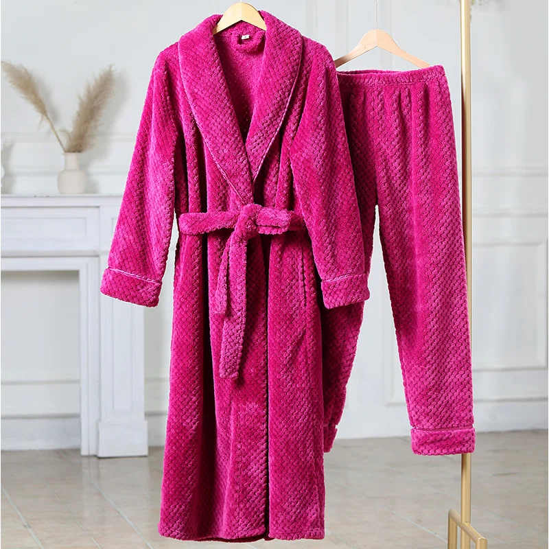 Winter New Arrived Warm Pajamas Women And Men Lapel Long Robe Pant Home Wear Set Flannel Sleepwear Couple Comfy Lounge Bathrobe