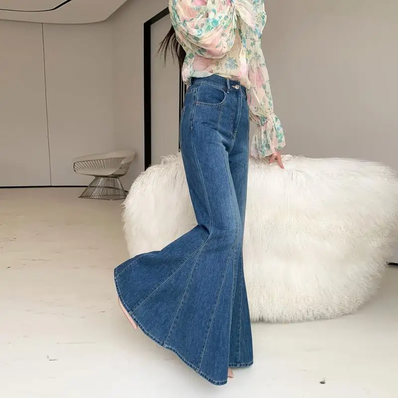 

Новые ретро-джинсы синего цвета с высокой талией, расклешенные, облегающие, с эффектом «рыбий хвост» и удлиненными штанинами