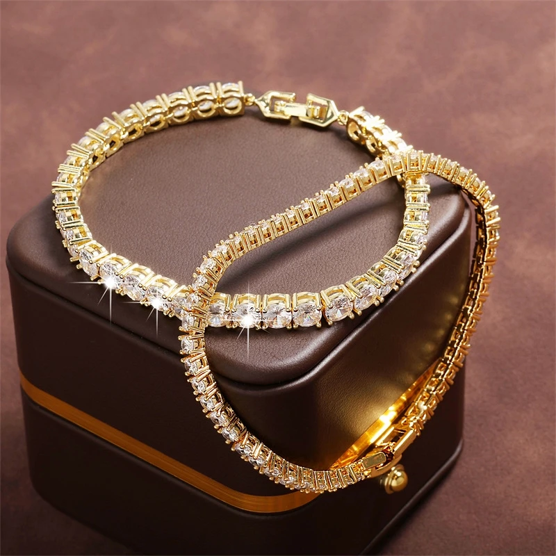 Round Cubic Zirconia Bracelets Women Men Gold Silver Color Copper Metal Couple Bracelet Party Daily Holiday Gift Jewelry