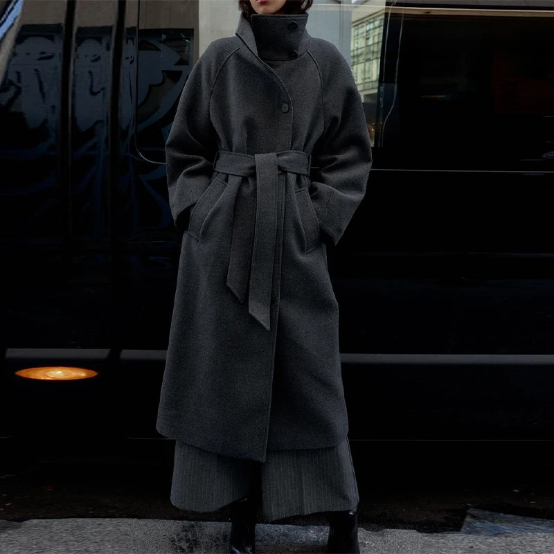 معطف صوفي طويل أنيق للنساء أنيق غير رسمي بياقة واقفة ورباط علوي معطف عالي الجودة 2025 ملابس خارجية للشتاء للتنقل اليومي
