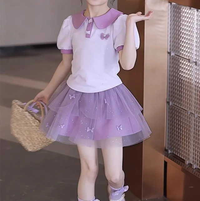 

2025 NEW summer Teenager Girls Cloth butterfly short puff sleeve T Shirt + Tiered gauze skirt children set 6 7 8 9 10 11 12 year