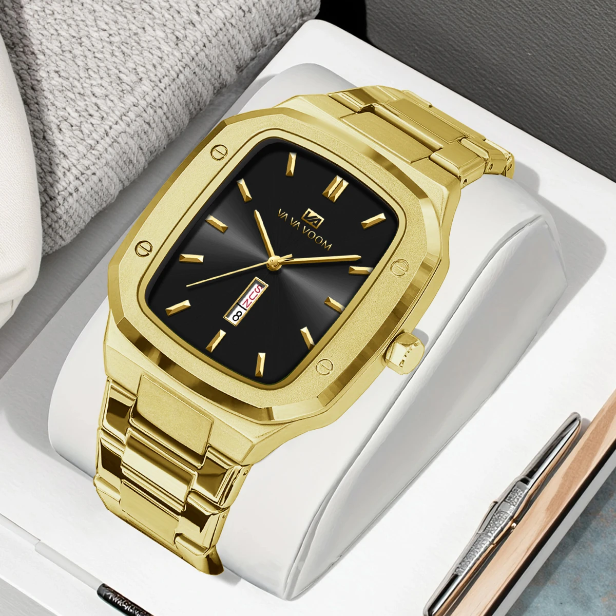 

2025 Новые мужские часы, модные квадратные часы из нержавеющей стали, синее золото, 3 бара, водонепроницаемые кварцевые часы с имитацией делового спорта, наручные часы