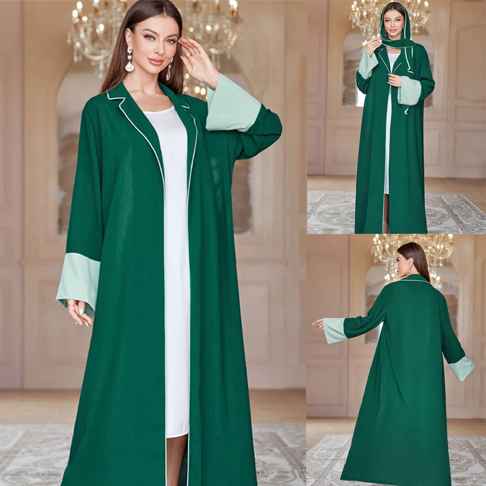 

2024 New Open Abaya with Hijab for Muslim Women Elegant Women's Splicing Solid Color Kimono Robe Casual Islam Clothing Ramadan