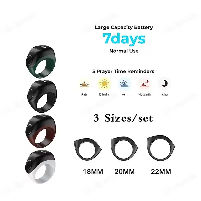 Anillo inteligente musulmán Qibla Zikr, contador Tasbeeh, 5 recordatorios de tiempo de oración, anillos inteligentes impermeables para hombres y mujeres musulmanas, novedad de 2026