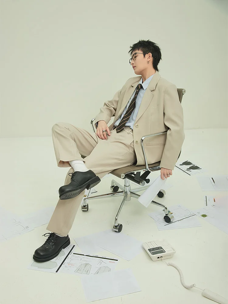 HIER Neutral Sle Casual Embroidered Khaki Cheered Texture Flat Collar Suit for ort Women Original Design Long Sve