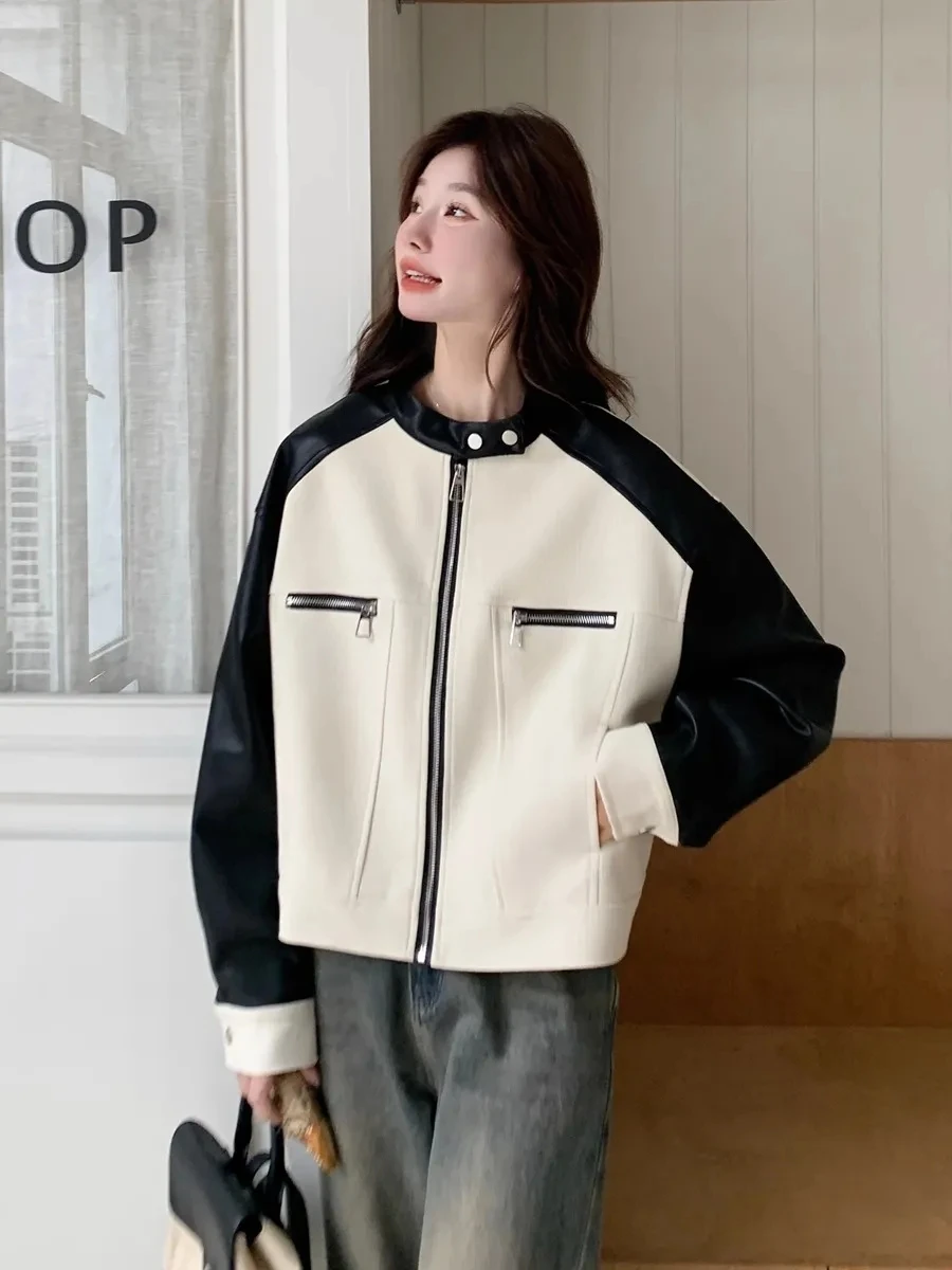 Jaqueta de Couro Feminina Vintage Estilo China-Chic com Contraste Preto e Branco, Design Solto, Manga Longa, Moda Primavera Outono