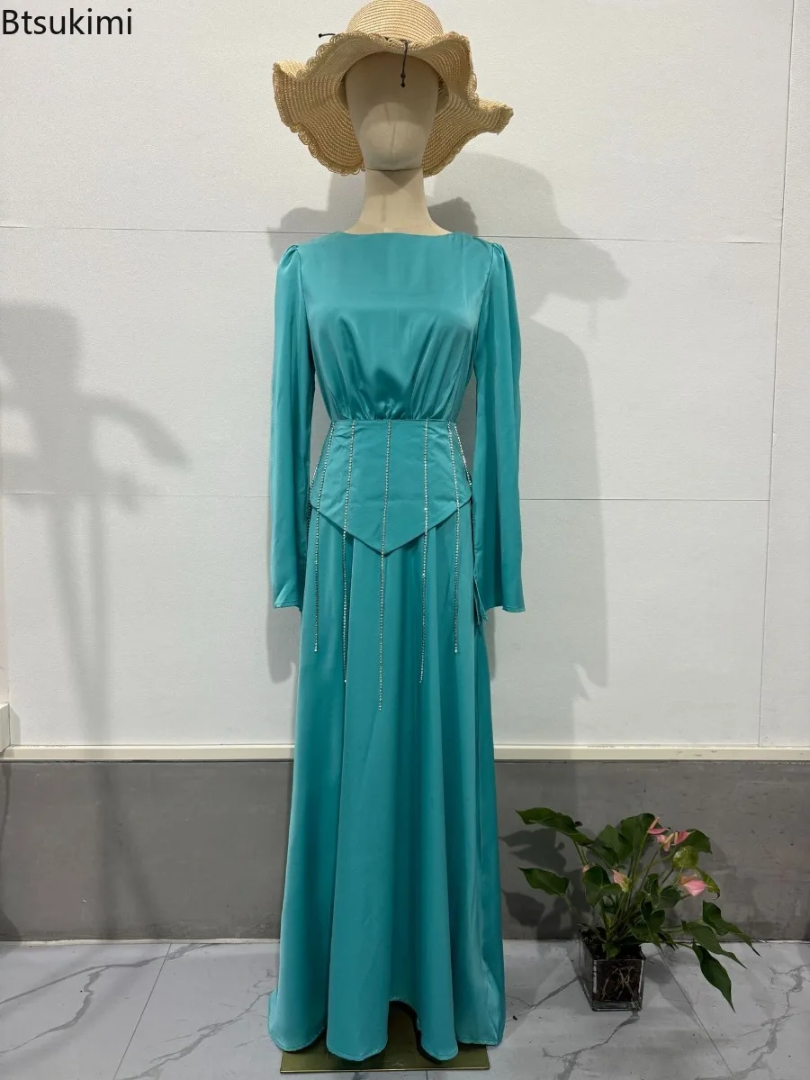 فساتين حريمي أنيقة 2025 ربيع جديد شرابة مضيئة كم فساتين ماكسي ضئيلة النساء الصلبة الساتان س الرقبة مثير فساتين الحفلات رداء