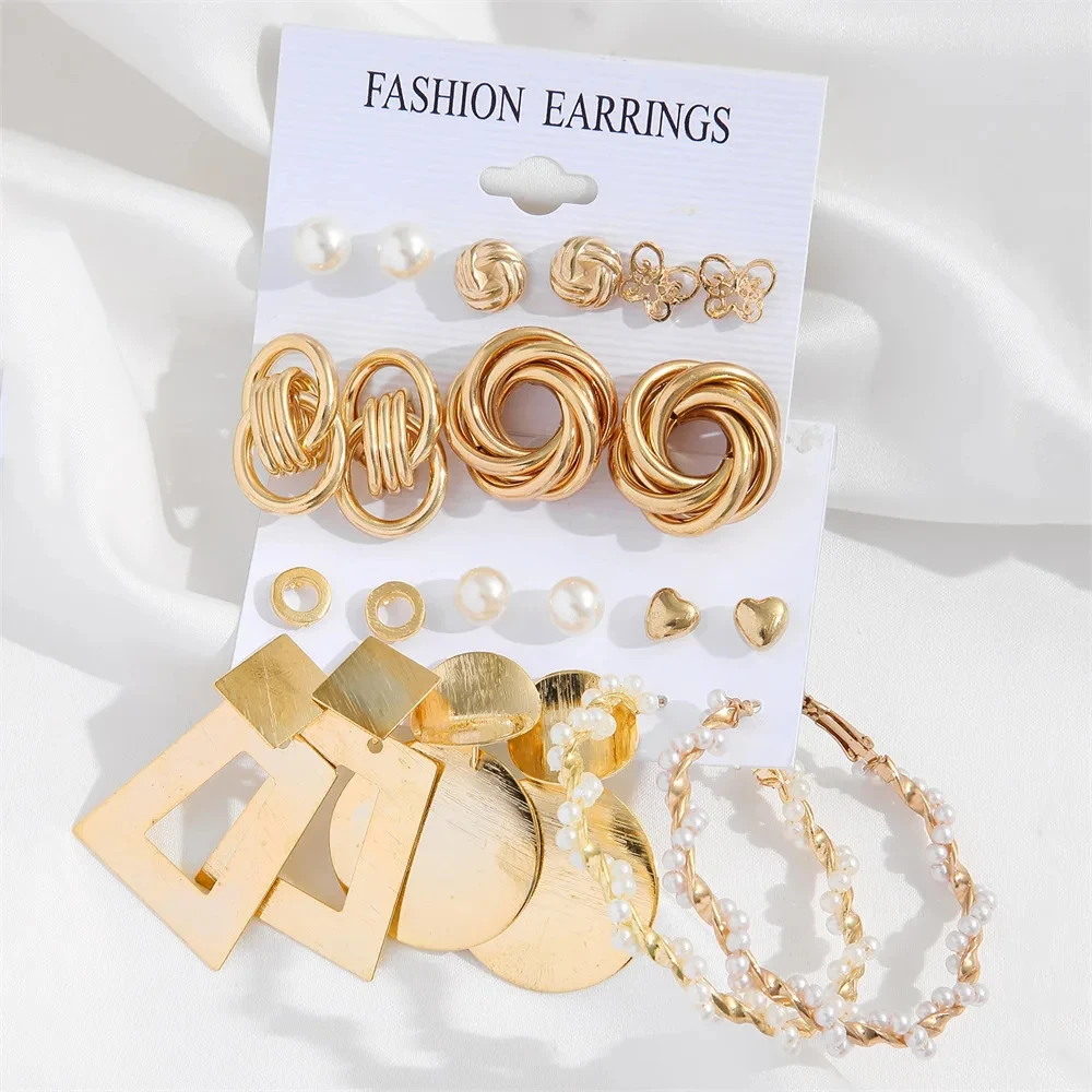 Vintage 2Sets/Pack Gold Color Metal Twist Pearl Hoop Earrings for Women Girls Geometric Knot Heart Dangle Earring Set Jewelry image 5